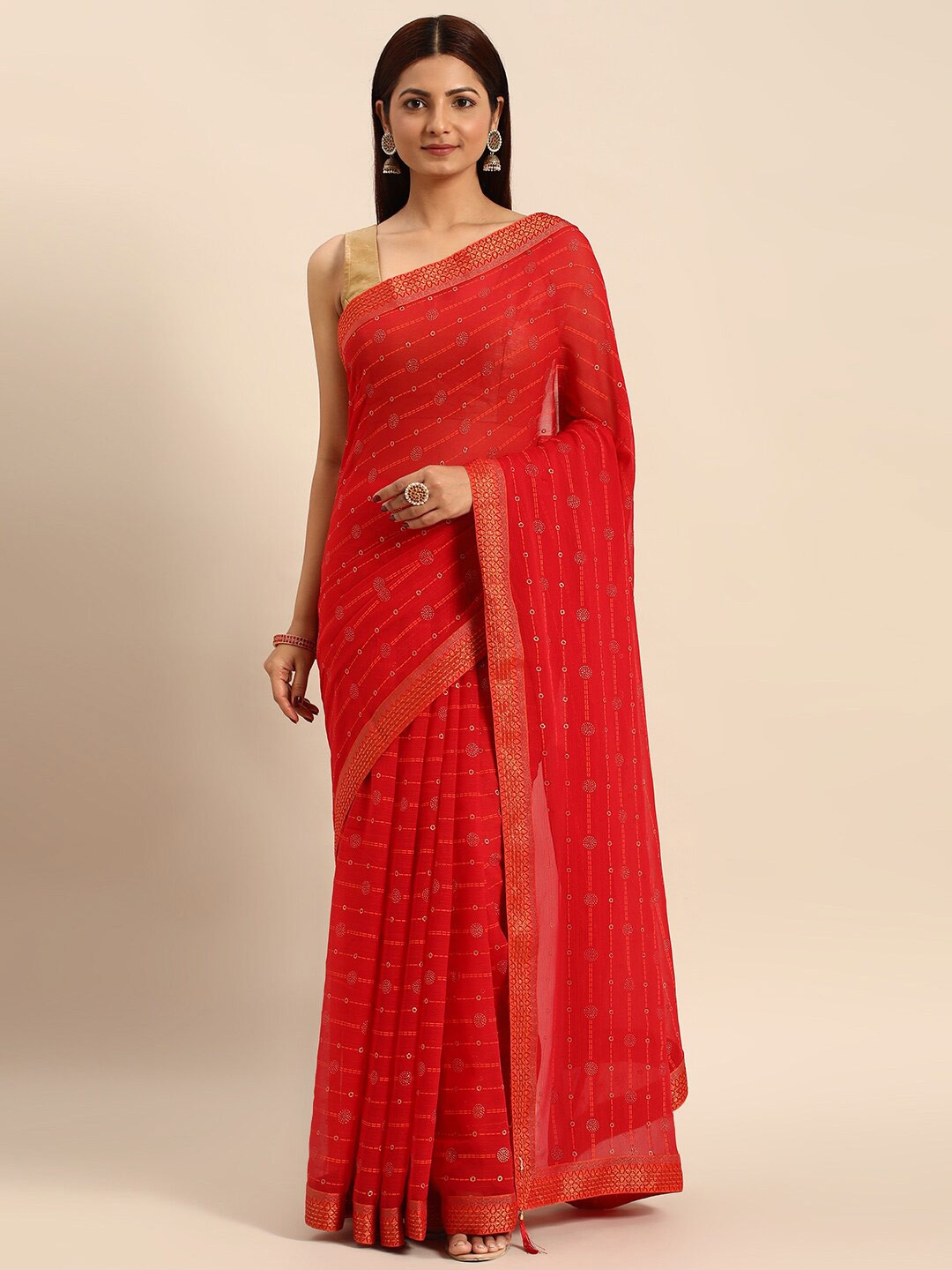 

KALINI Striped Beads & Stones Zari Saree, Red
