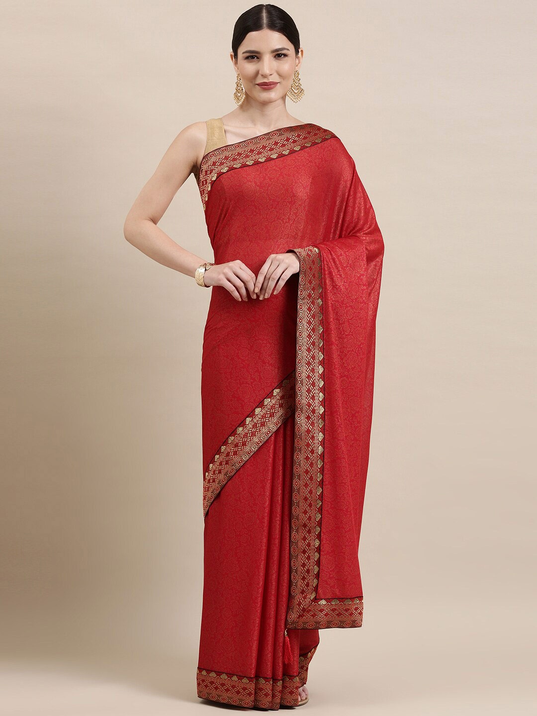 

KALINI Floral Printed Zari Pure Silk Saree, Red