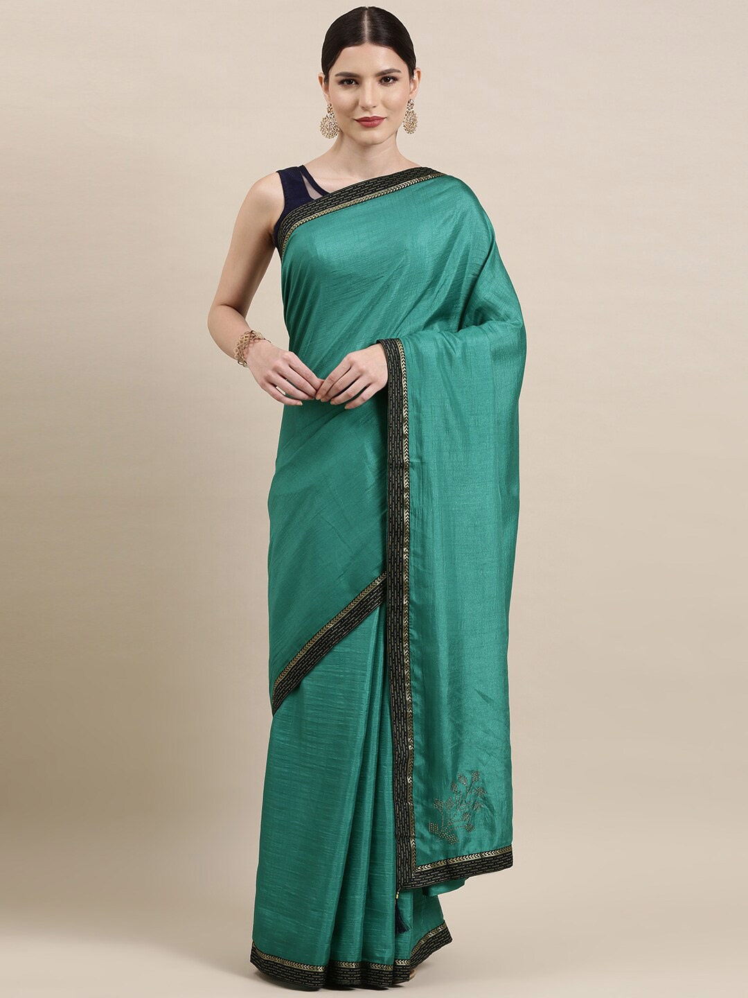 

KALINI Ethnic Motifs Border Zari Pure Silk Saree, Teal