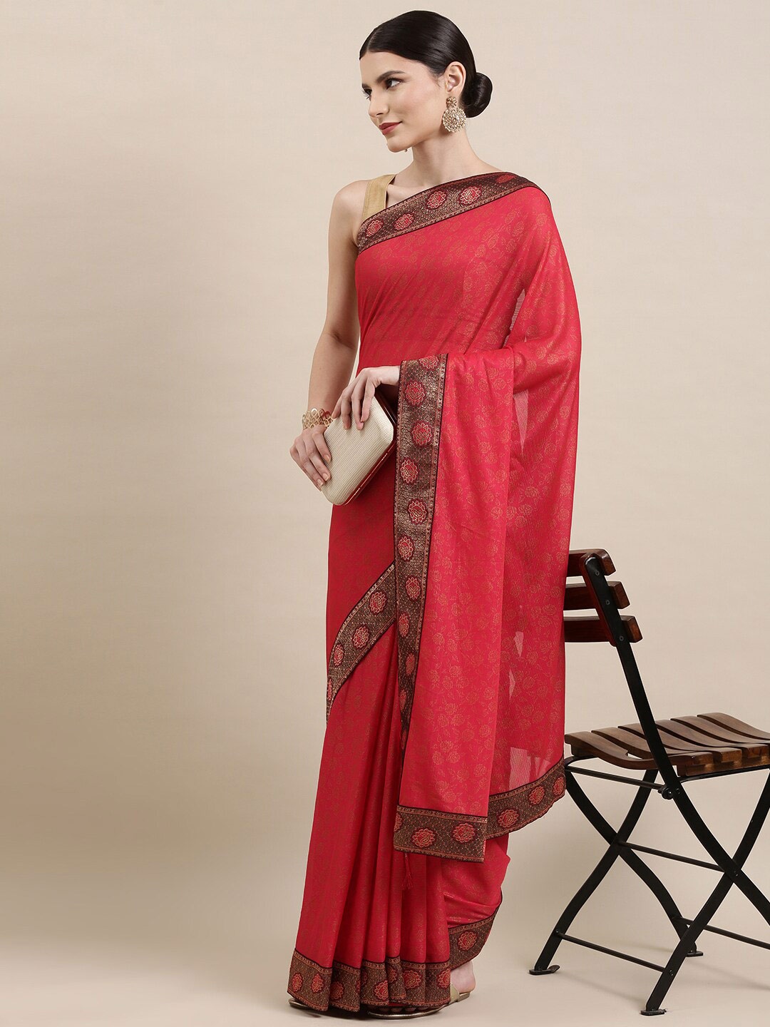 

KALINI Ethnic Motifs Printed Border Zari Pure Silk Saree, Pink