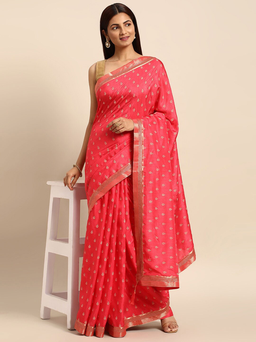 

KALINI Ethnic Motifs Printed Zari Pure Silk Saree, Pink