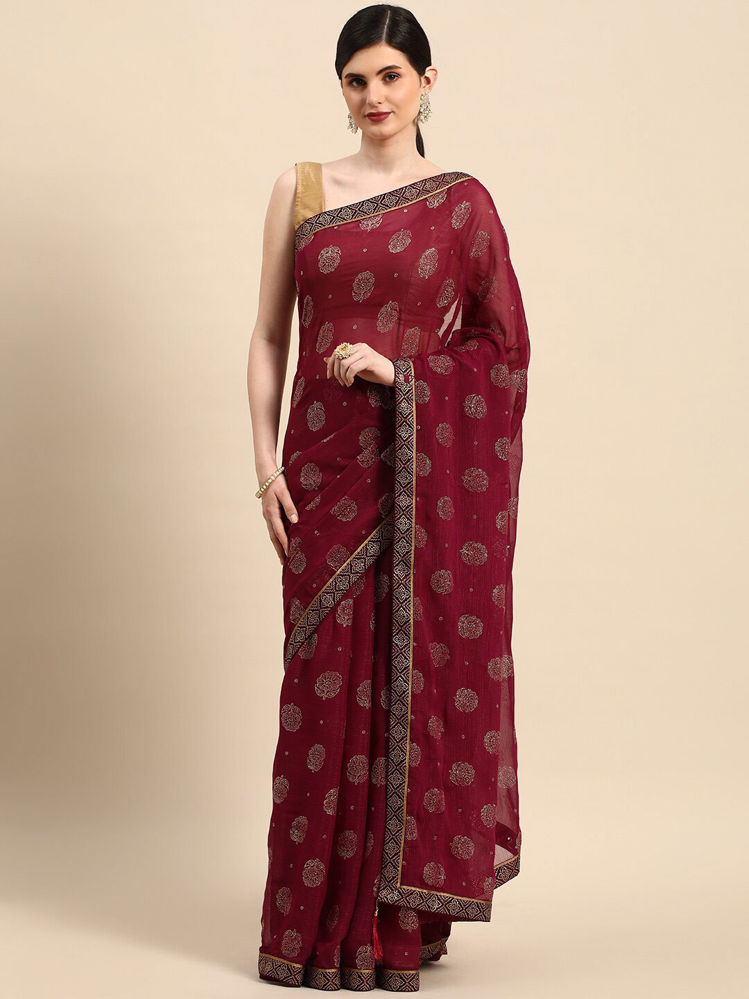 

KALINI Ethnic Motifs Printed Zari Silk Blend Saree, Purple