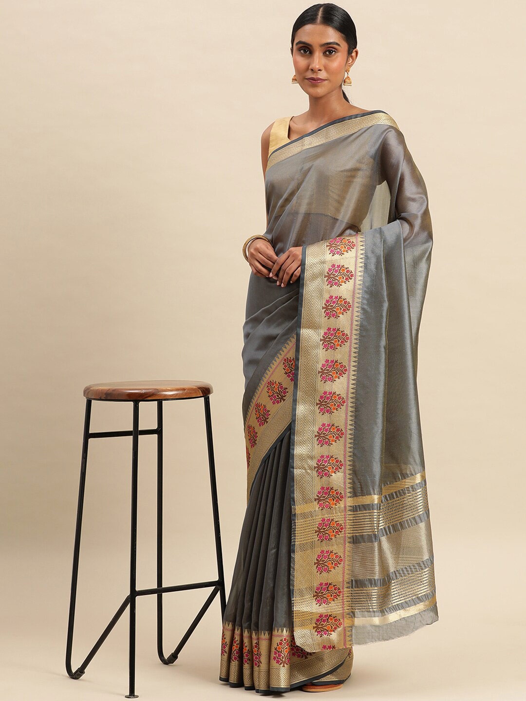 

KALINI Zari Pure Silk Saree, Grey