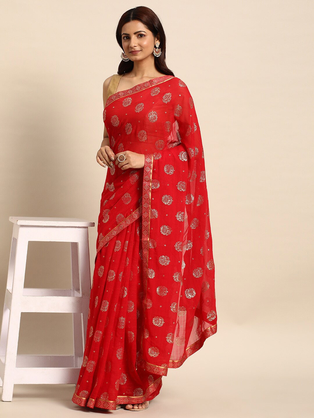 

KALINI Ethnic Motifs Printed Zari Saree, Red