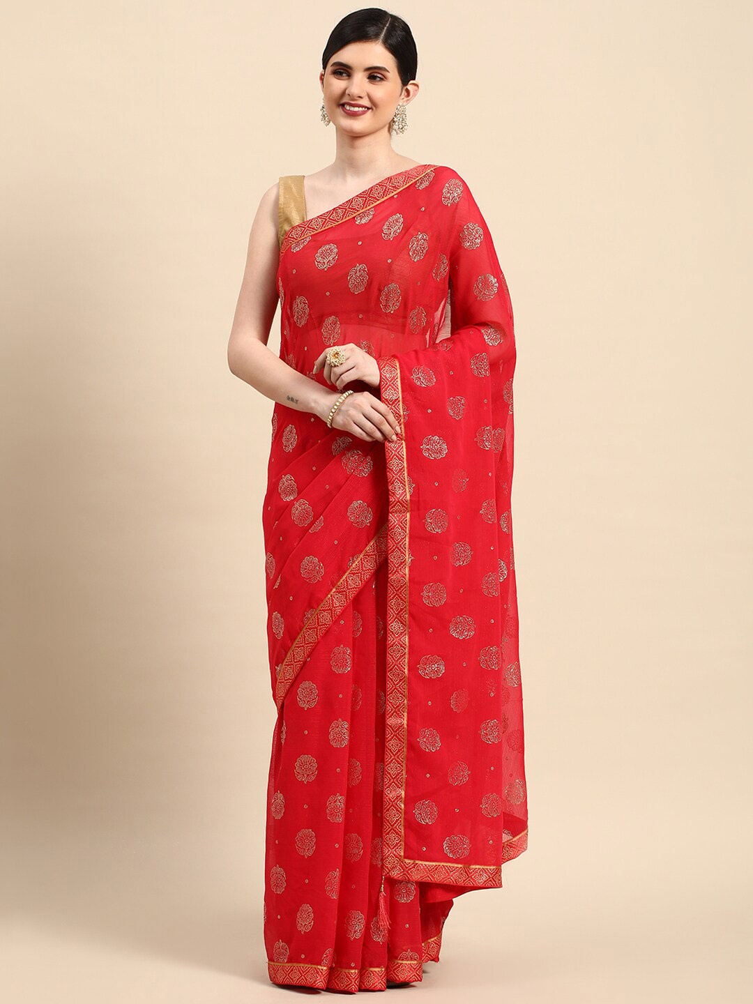 

KALINI Floral Printed Zari Silk Blend Saree, Pink