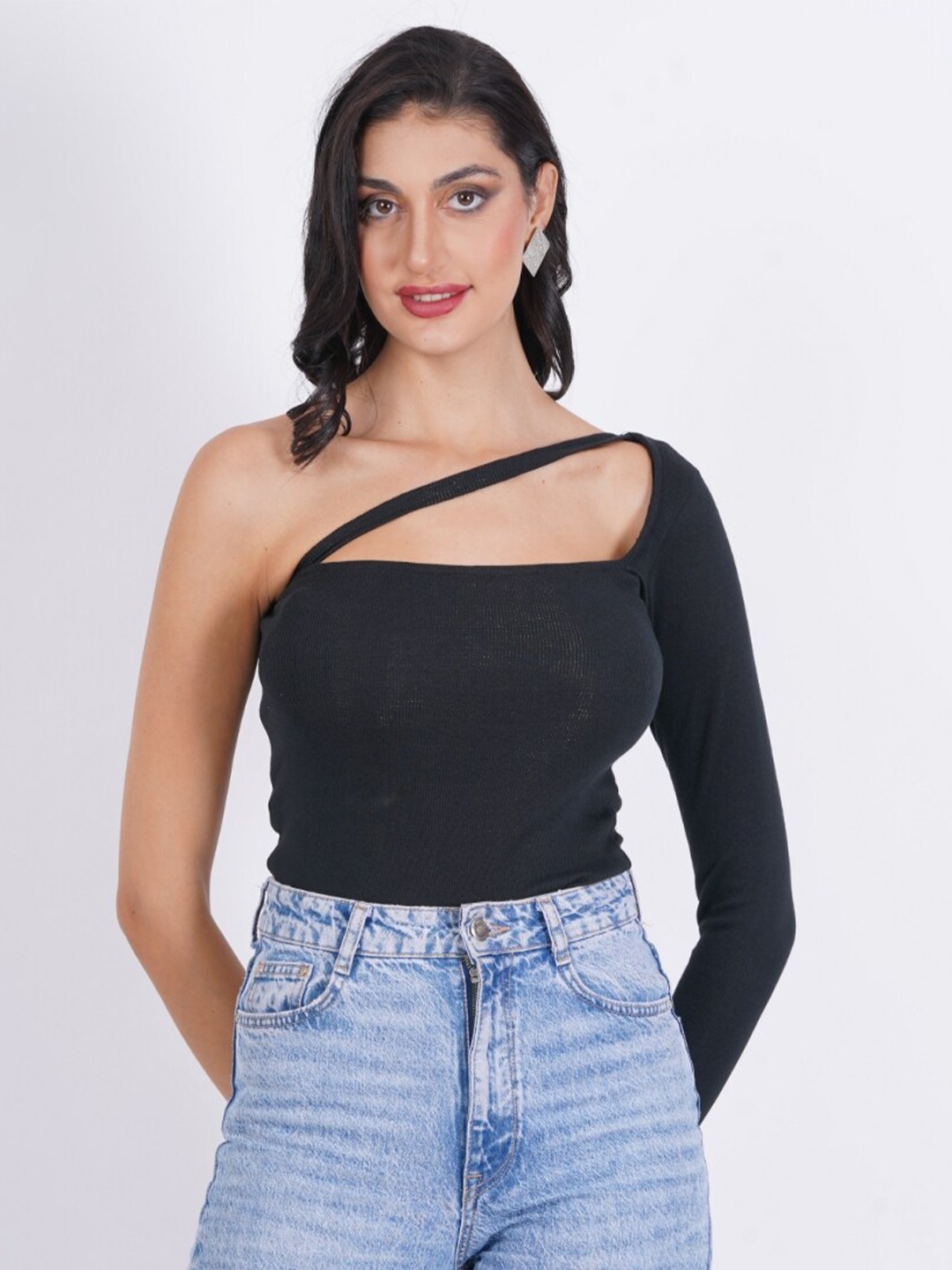 

SIGHTBOMB One Shoulder Cotton Styled Back Fitted Top, Black