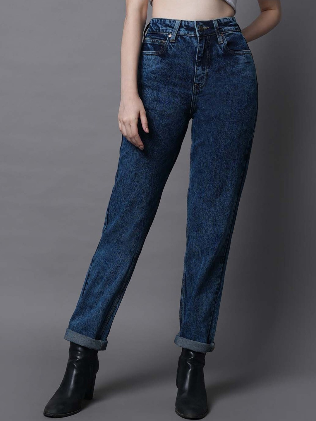 

High Star Women Dad Fit Mid-Rise Clean Look Cotton Jeans, Blue