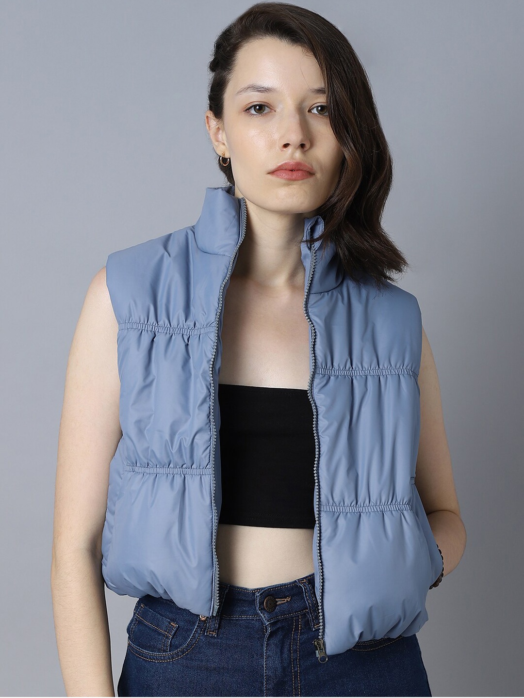 

High Star Mock Collar Sleeveless Crop Padded Jacket, Blue