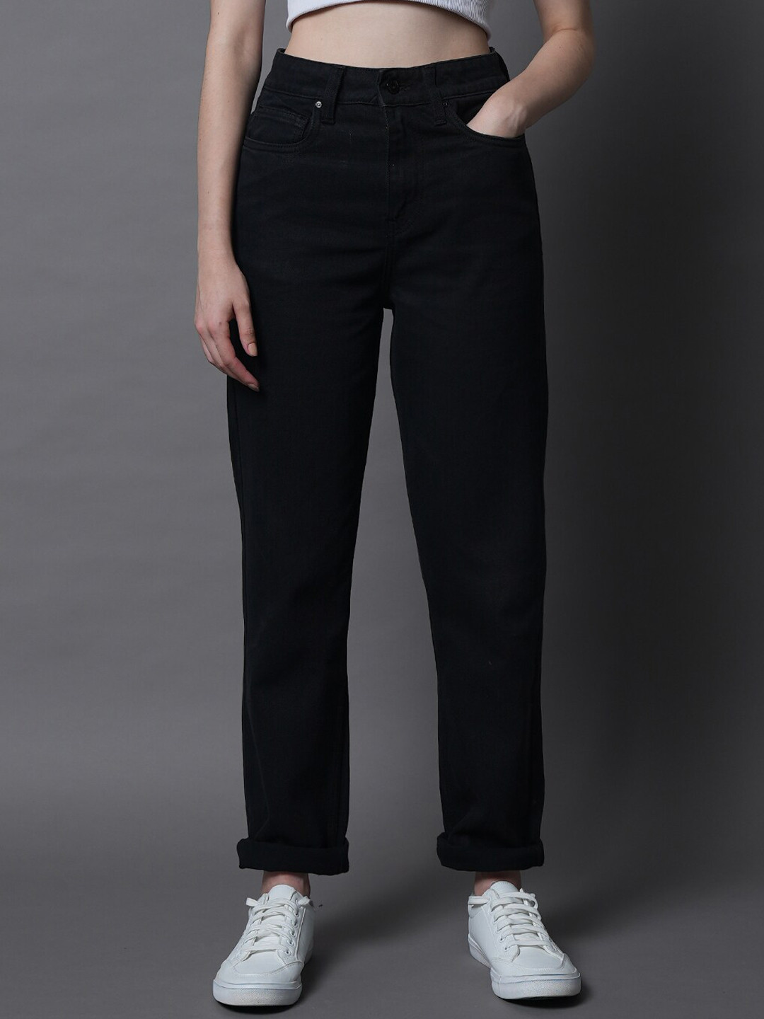 

High Star Women Dad Fit Mid-Rise Clean Look Stretchable Jeans, Black