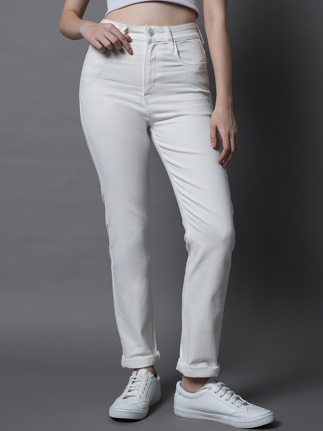 

High Star Women Straight Fit High-Rise Clean Look Stretchable Jeans, White