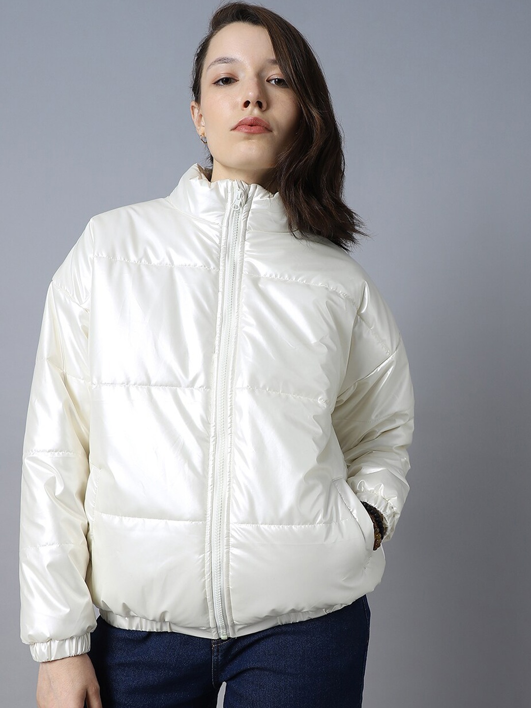 

High Star Mock Collar Long Sleeves Puffer Jacket, White