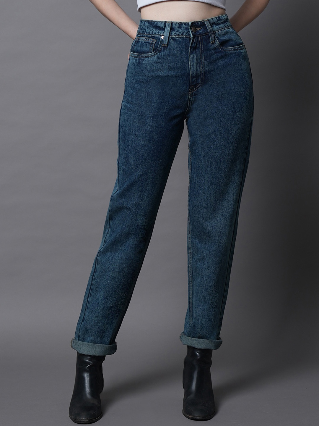 

High Star Women Dad Fit Mid-Rise Clean Look Cotton Jeans, Blue