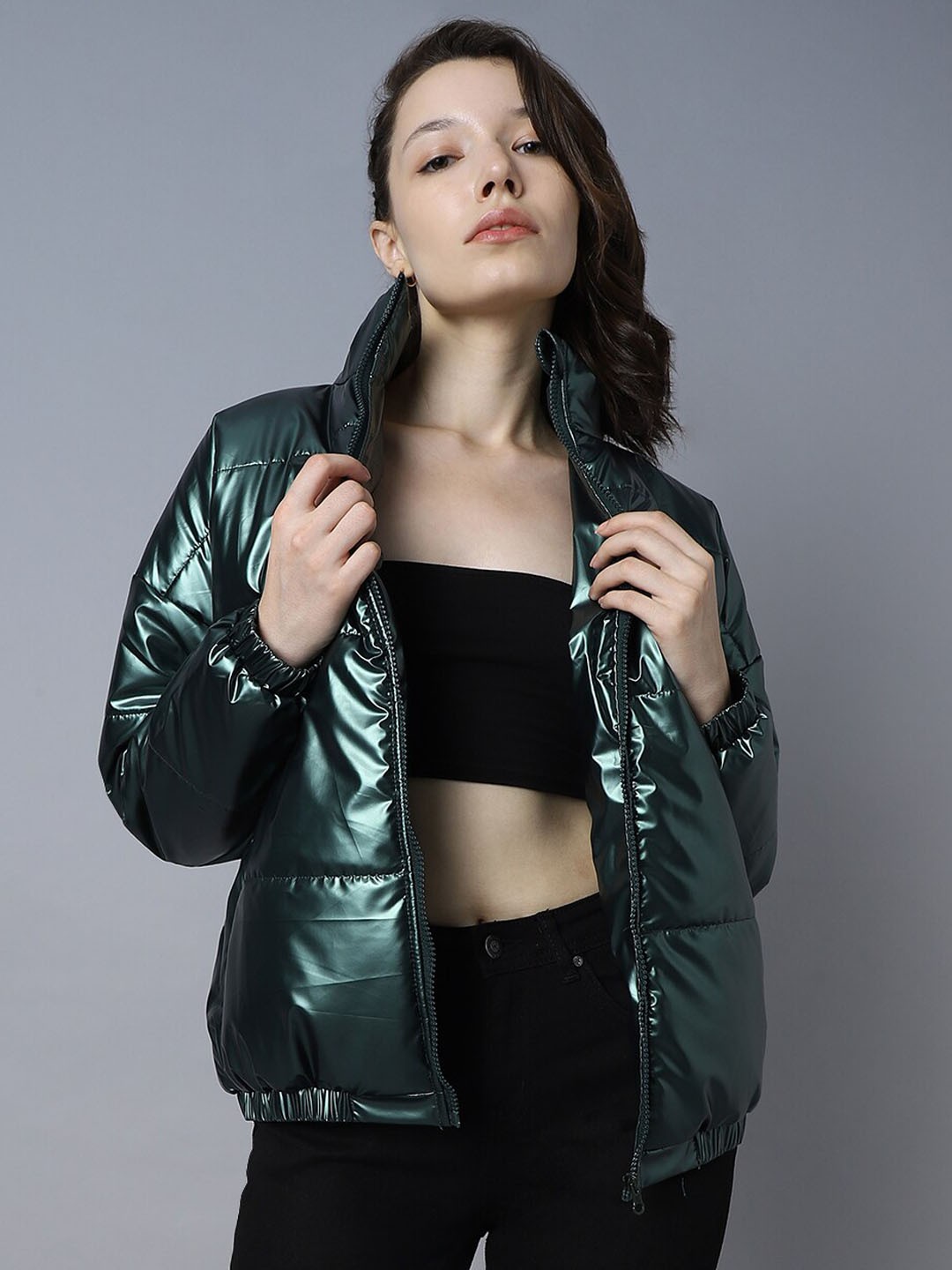 

High Star Mock Collar Long Sleeves Puffer Jacket, Green