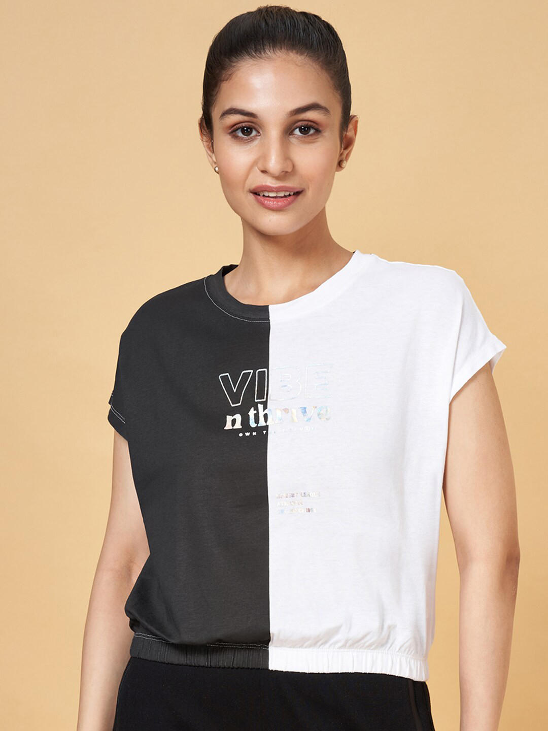 

Ajile by Pantaloons Typography Round Neck Extended Sleeves Cotton T-shirt, Black