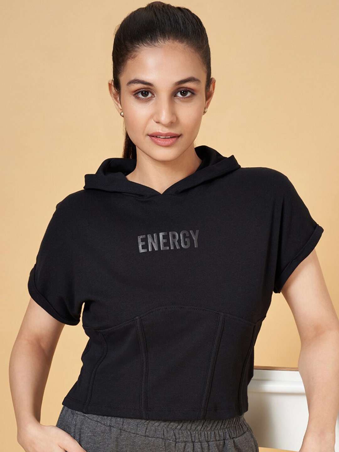 

Ajile by Pantaloons Typography Hooded Extended Sleeves Cotton T-shirt, Black