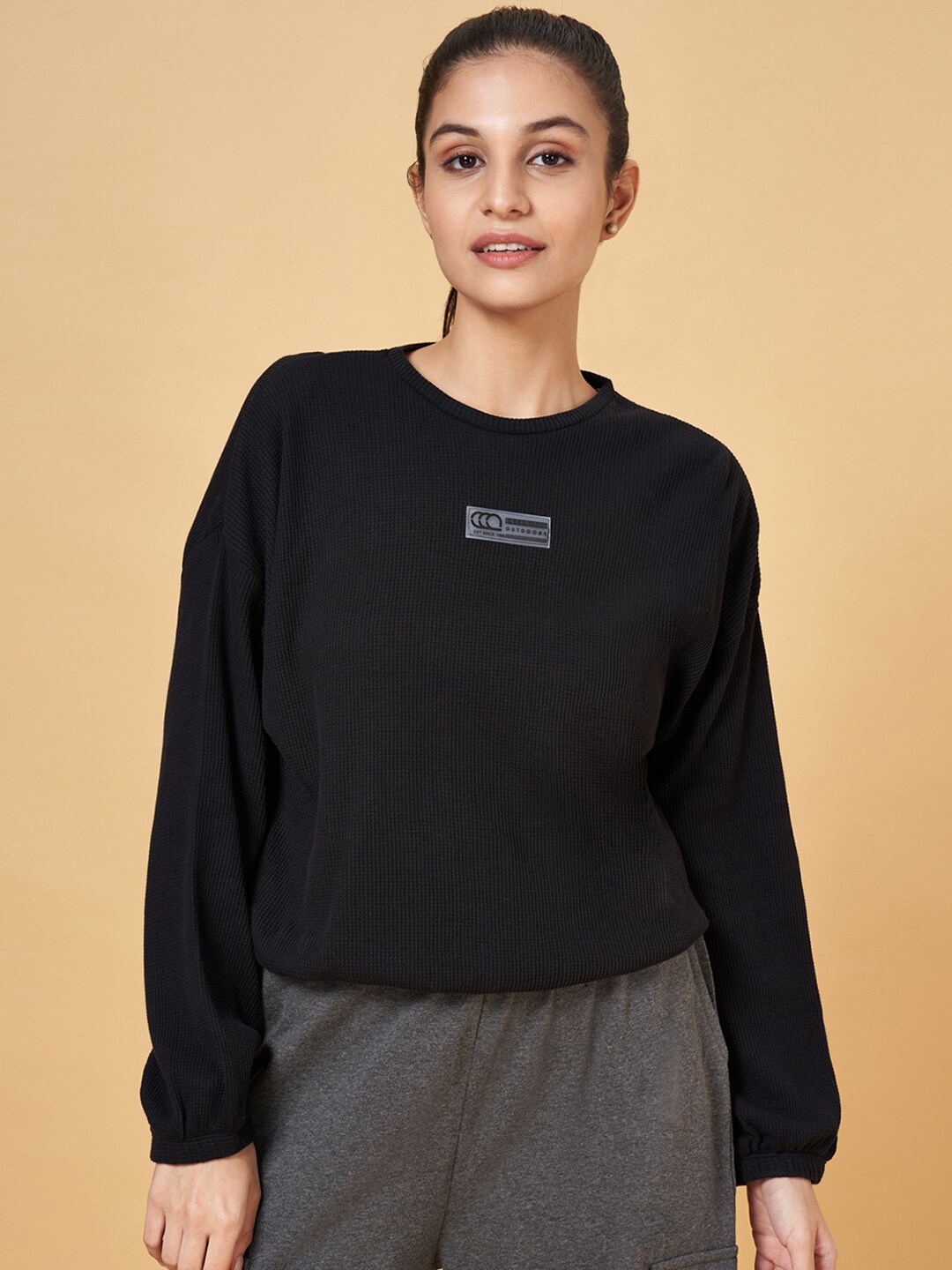 

Ajile by Pantaloons Relaxed Fit Long Sleeves Cotton T-shirt, Black