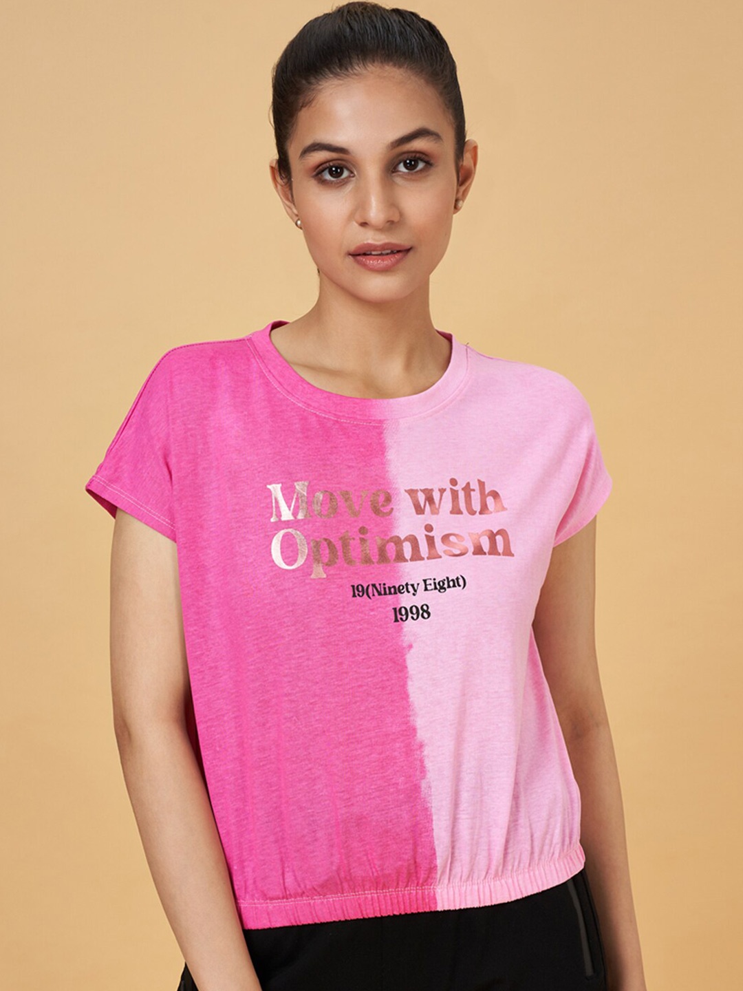 

Ajile by Pantaloons Typography Printed Extended Sleeves Cotton T-shirt, Pink