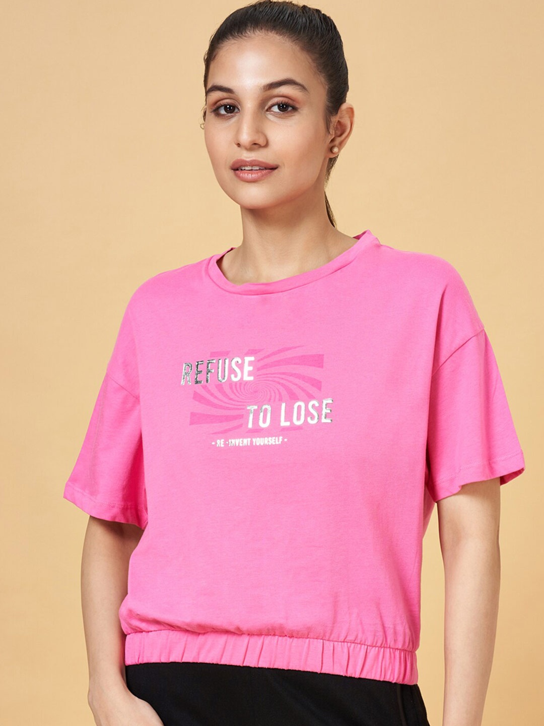 Ajile by Pantaloons Typography Round Neck Cotton T-shirt, Pink