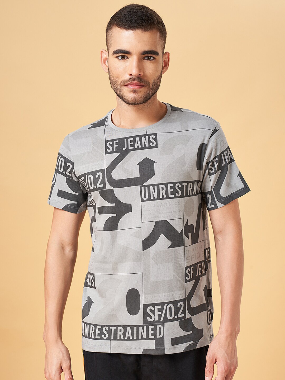 SF JEANS by Pantaloons Typography Printed Regular Fit Cotton T-shirt, Grey