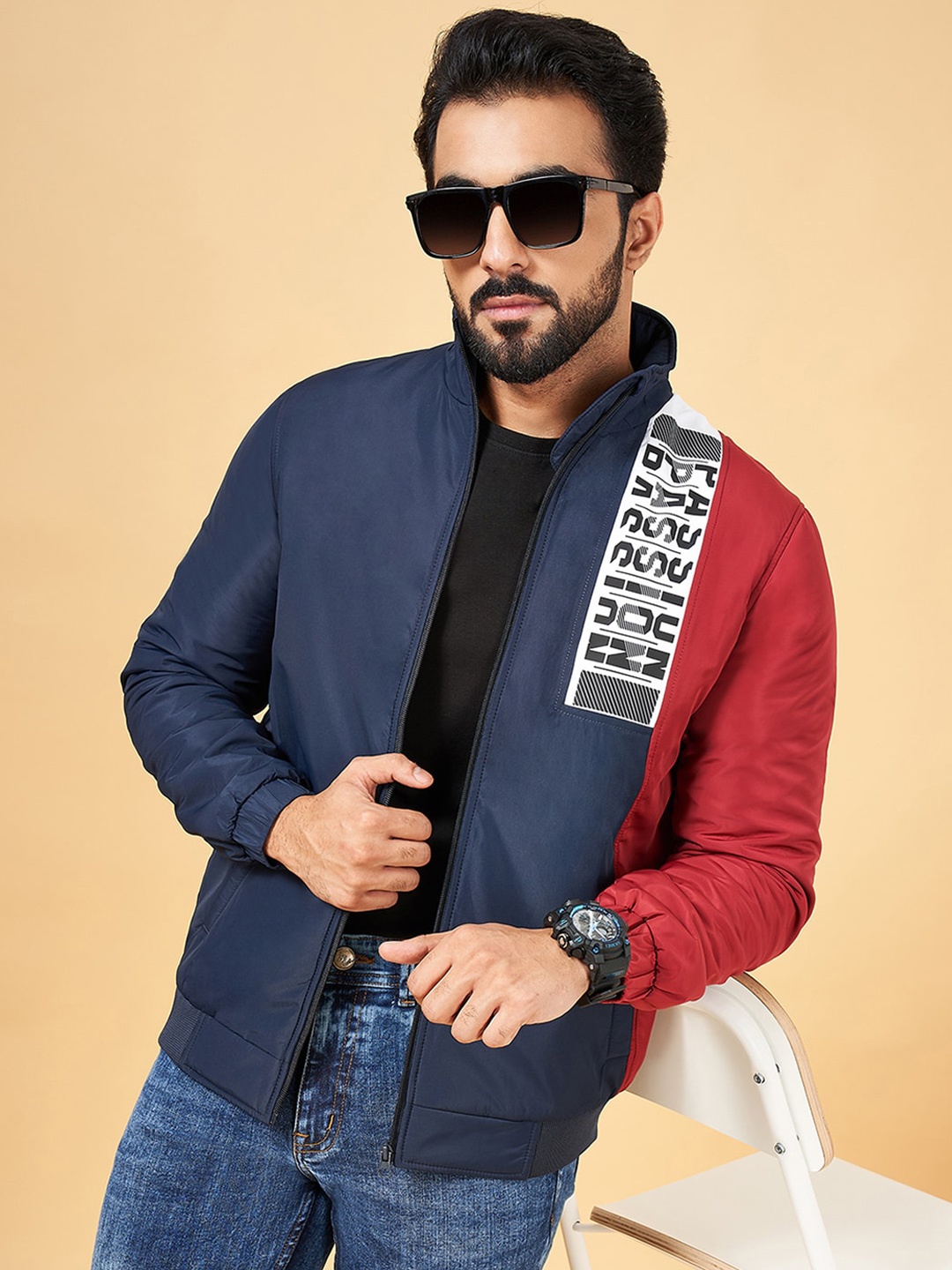 

YU by Pantaloons Colourblocked Mock Collar Long Sleeves Padded Jacket, Navy blue