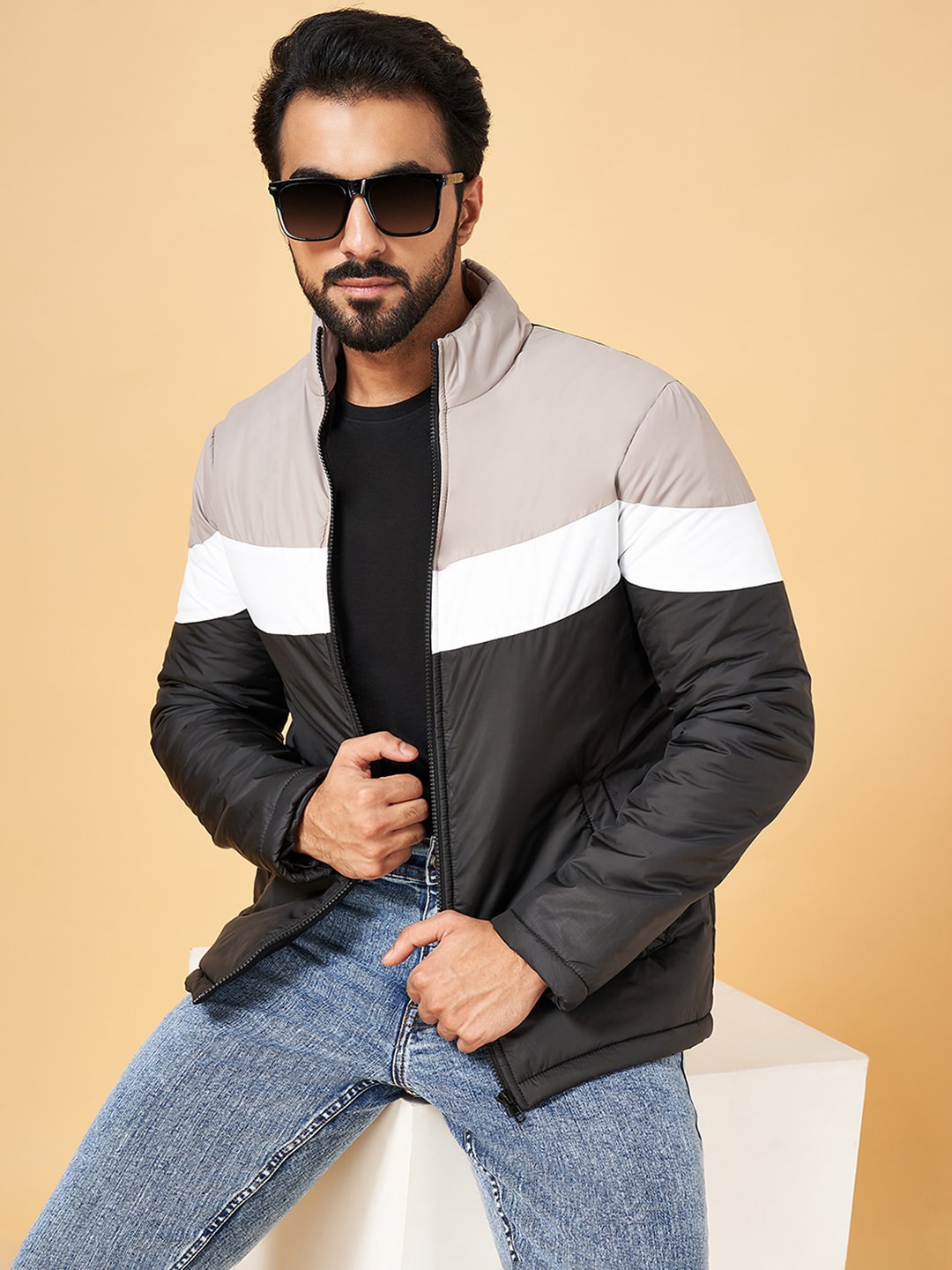 

YU by Pantaloons Mock Collar Colourblocked Bomber Jacket, Black
