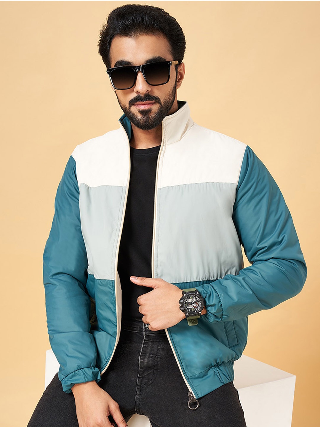 

YU by Pantaloons Mock Collar Colourblocked Bomber Jacket, Teal