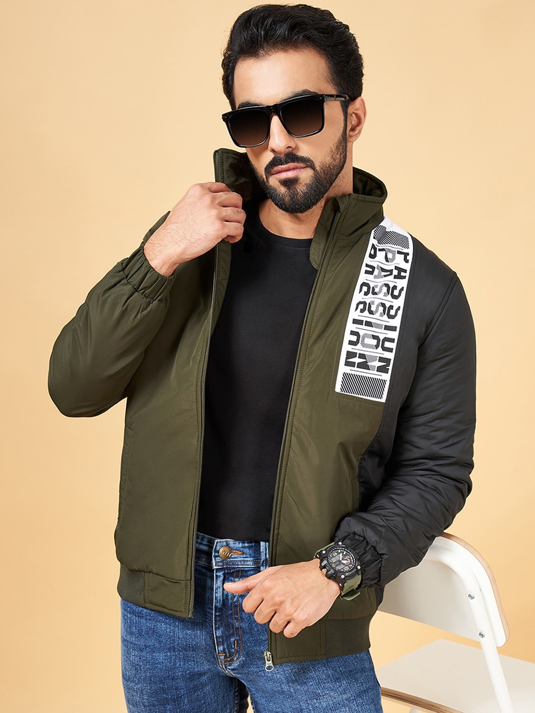 

YU by Pantaloons Mock Collar Bomber Jacket, Olive