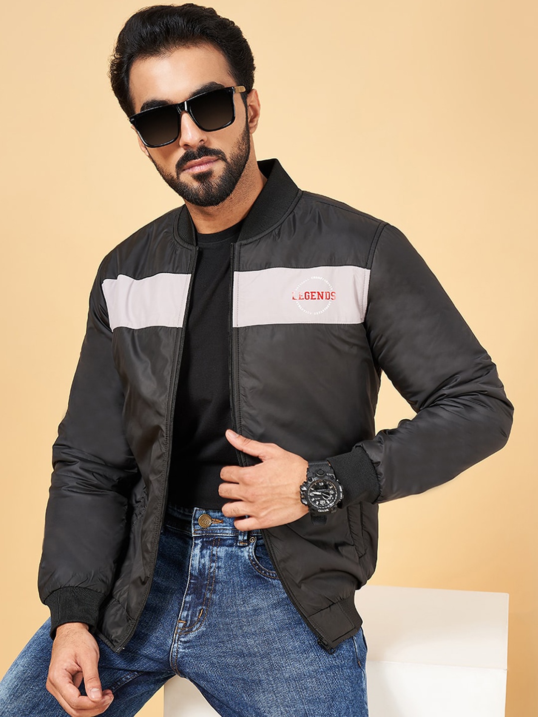 

YU by Pantaloons Colourblocked Stand Collar Long Sleeve Bomber Jacket, Black