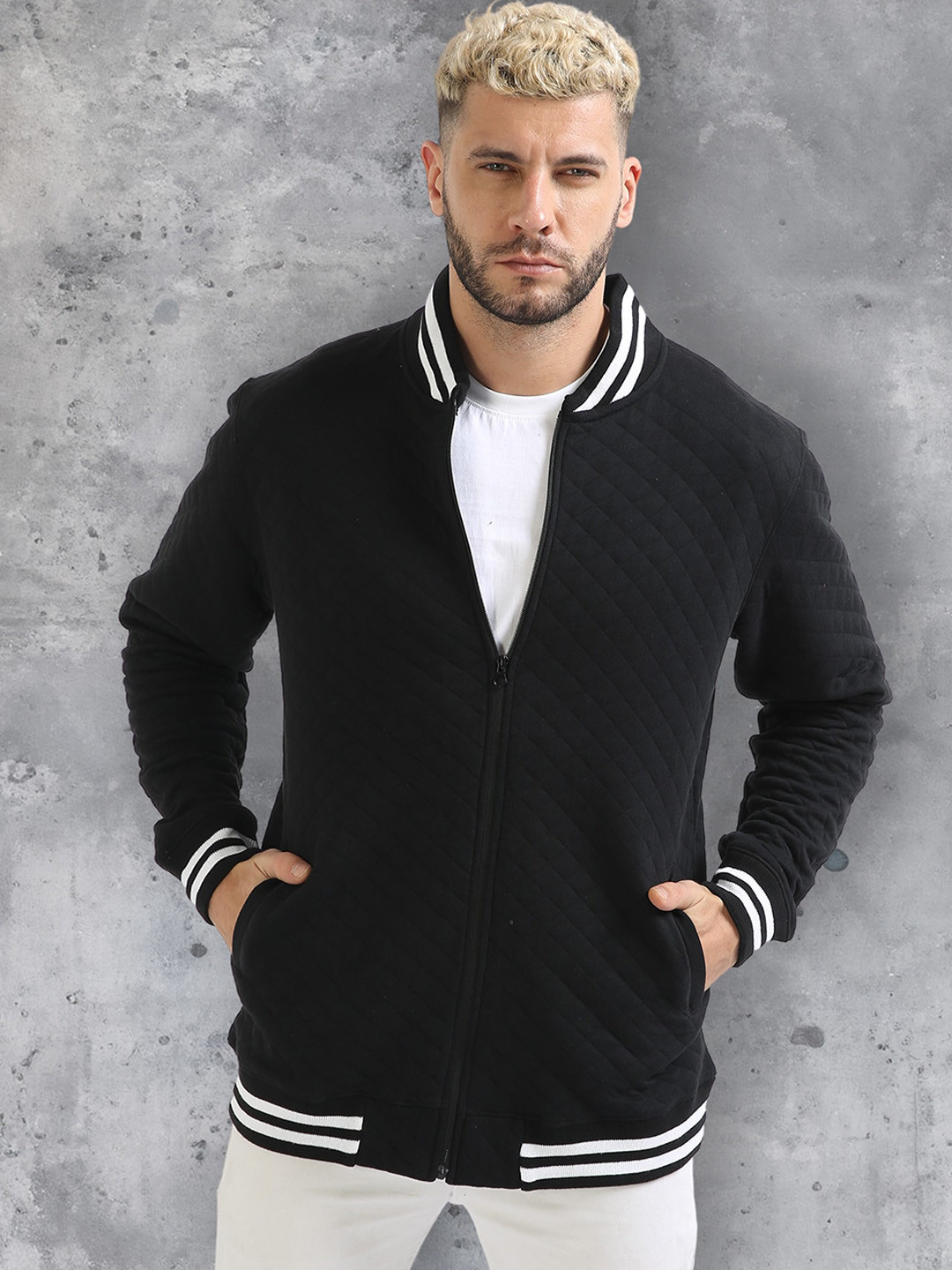 

fanideaz Mock Collar Bomber Jacket, Black