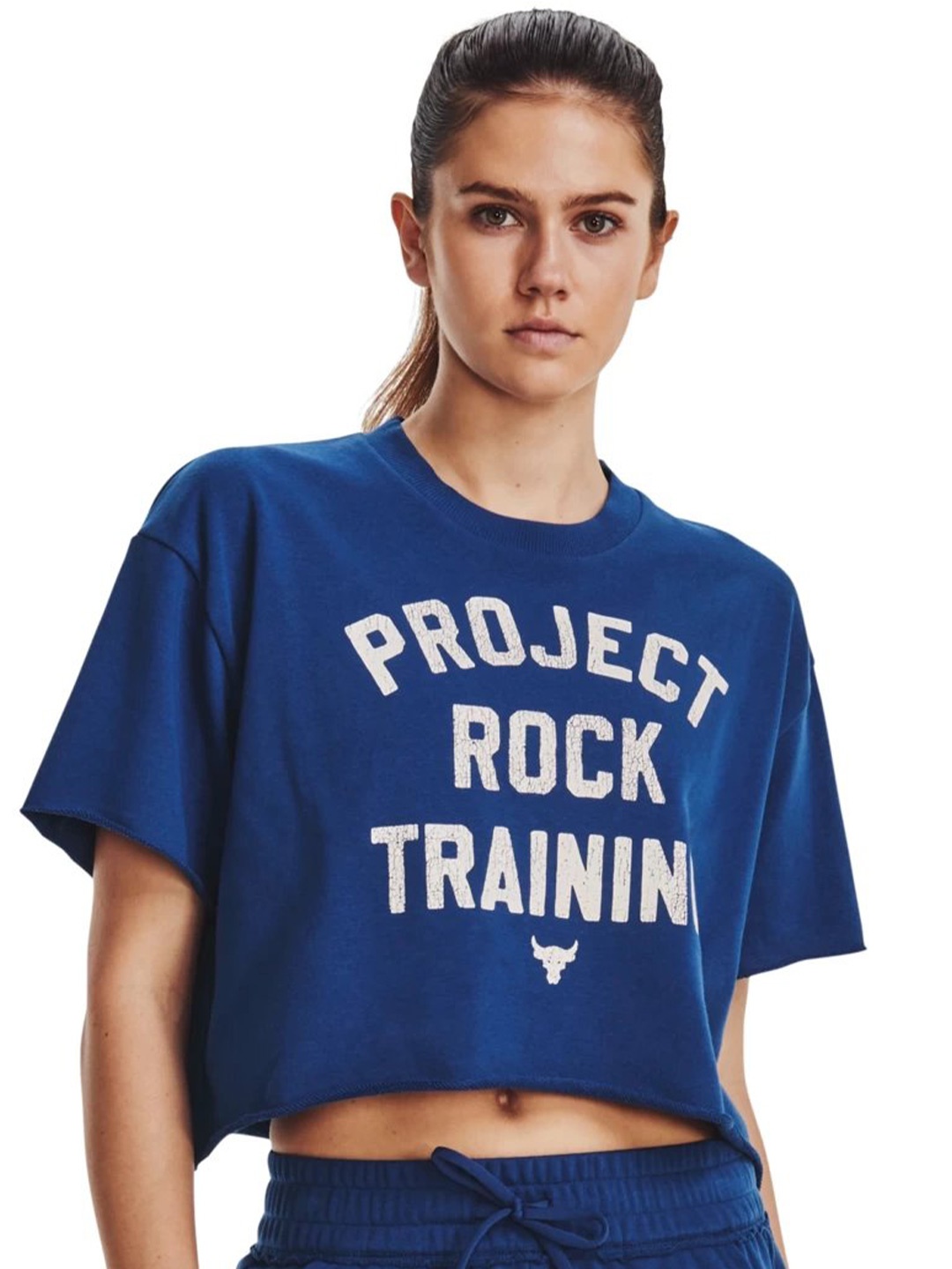 

UNDER ARMOUR Typography Printed Round Neck Drop-Shoulder Sleeves Crop T-shirt, Blue