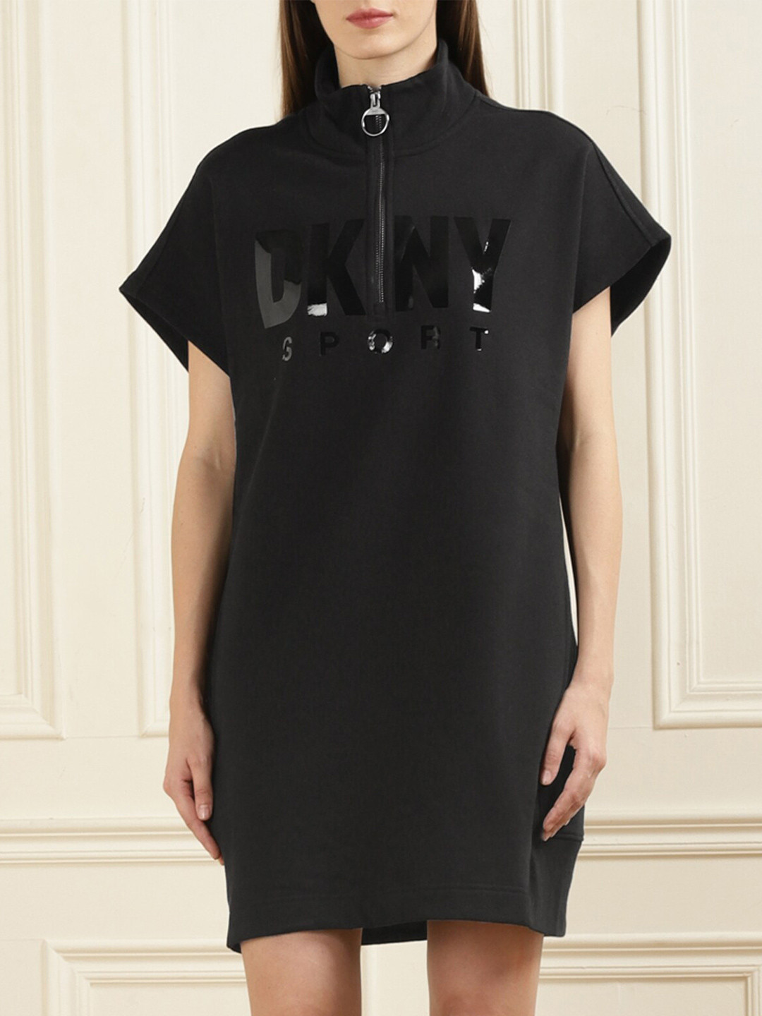 

DKNY High Neck Extended Sleeves T-shirt Cotton Dress, Black