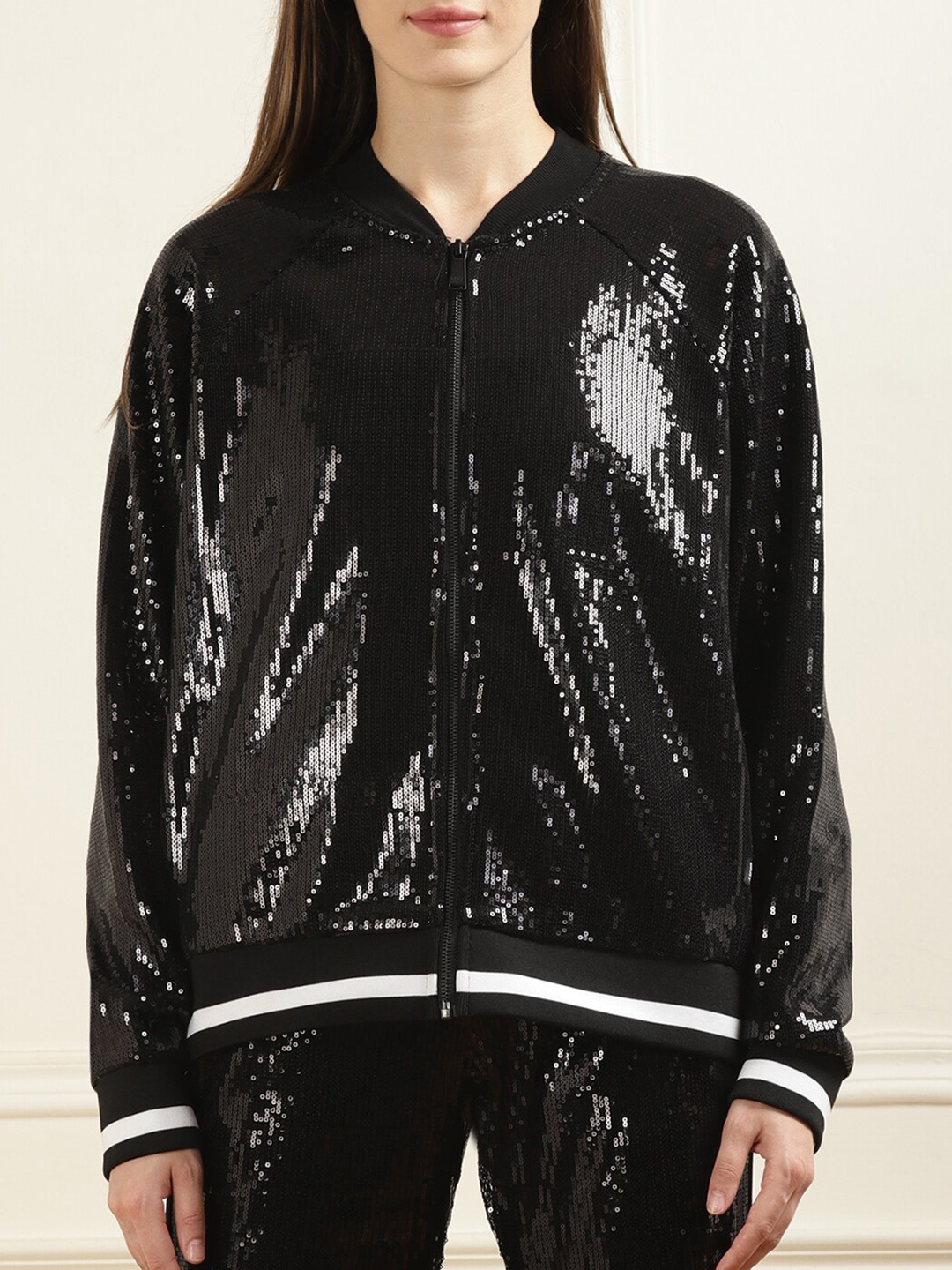 

DKNY Mock Collar Sequinned Bomber Jacket, Black