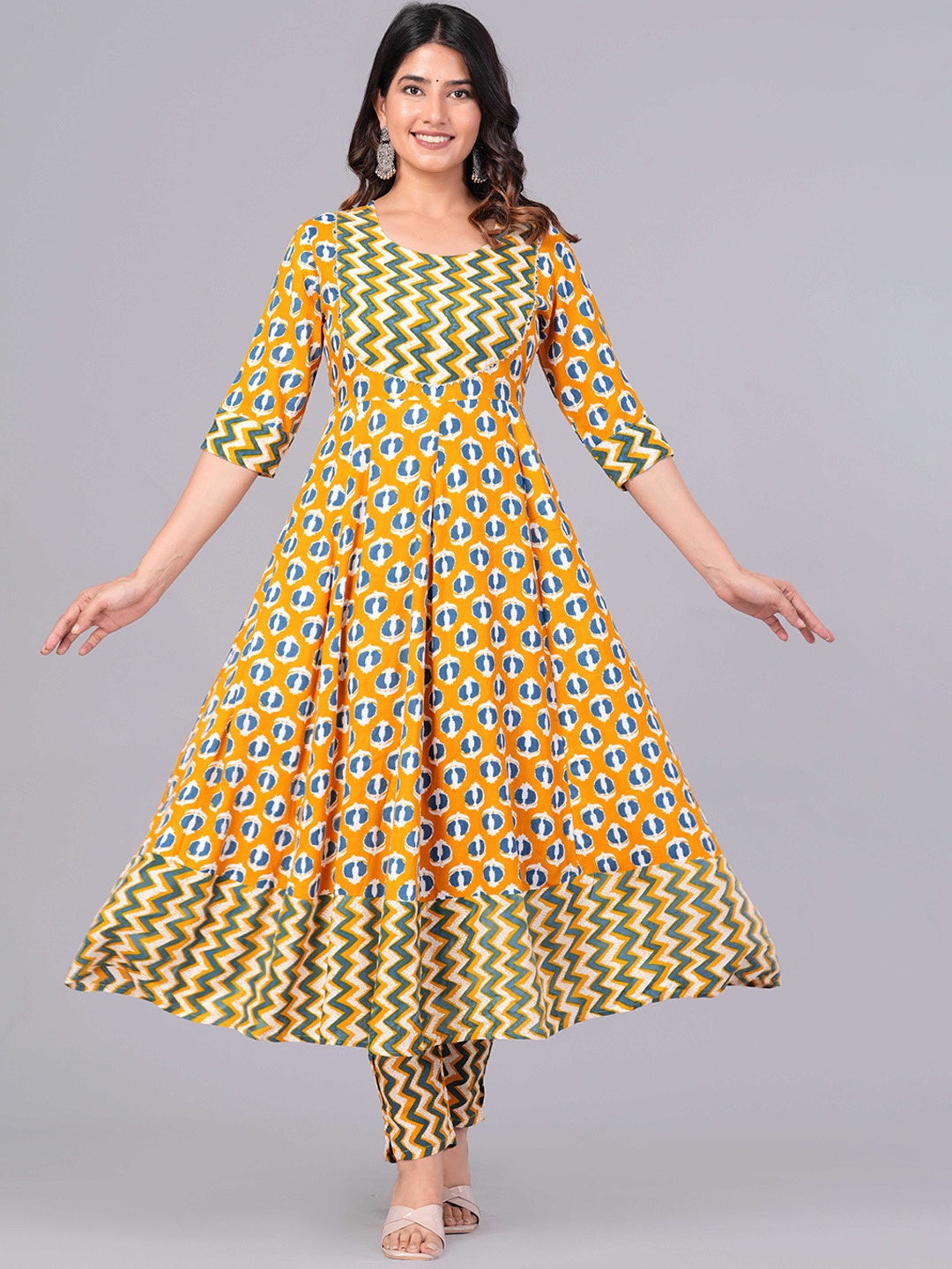 

Sanganeri Kurti Ethnic Motifs Printed Anarkali Kurta with Trousers, Yellow