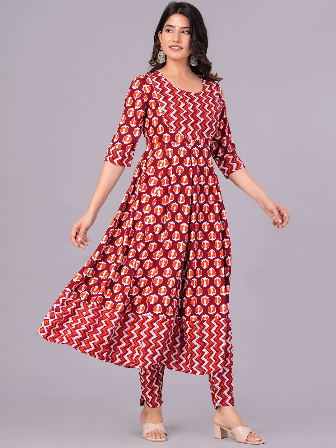 

Sanganeri Kurti Ethnic Motifs Printed Anarkali Gotta Patti Kurta With Trousers, Maroon