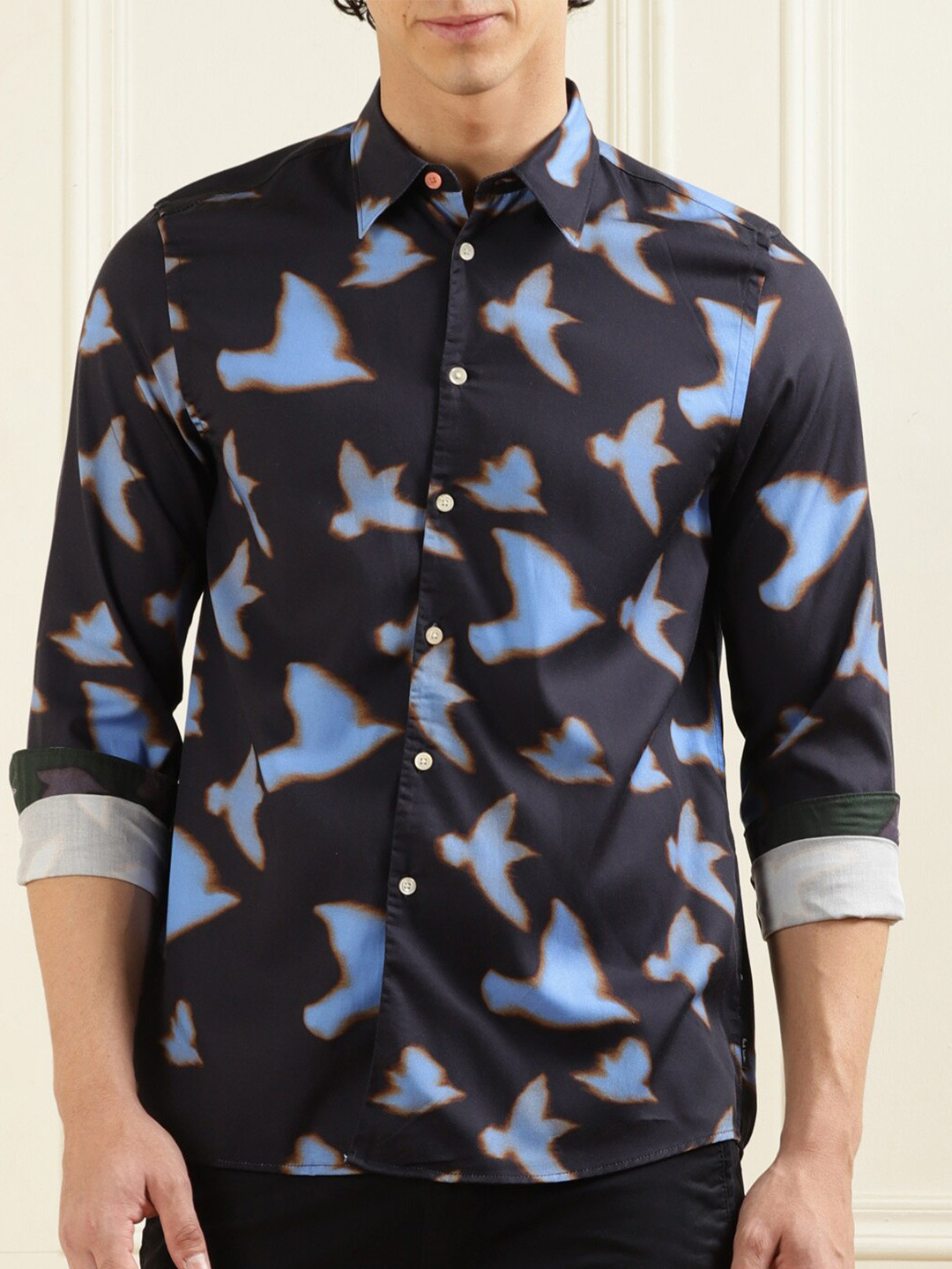 

PS By Paul Smith Conversational Printed Spread Collar Long Sleeves Casual Shirt, Navy blue