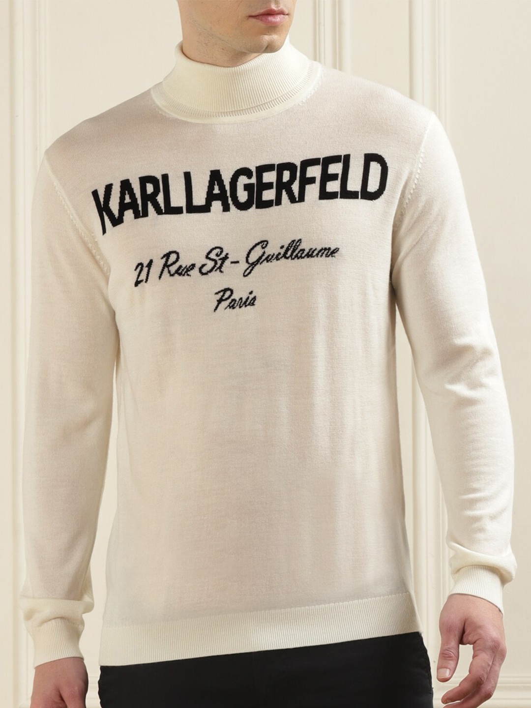 

Karl Lagerfeld Typography Printed Turtle Neck Long Sleeve Woollen Pullover Sweaters, White