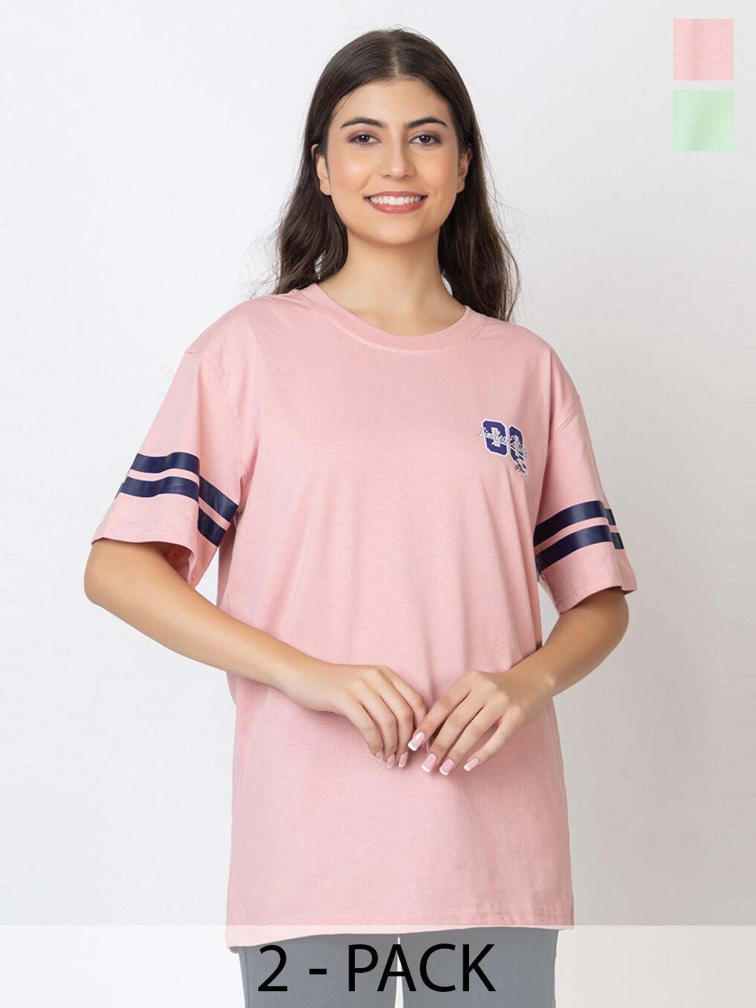

Skidlers Pack Of 2 Typography Printed Pure Cotton Oversize T-shirt, Pink