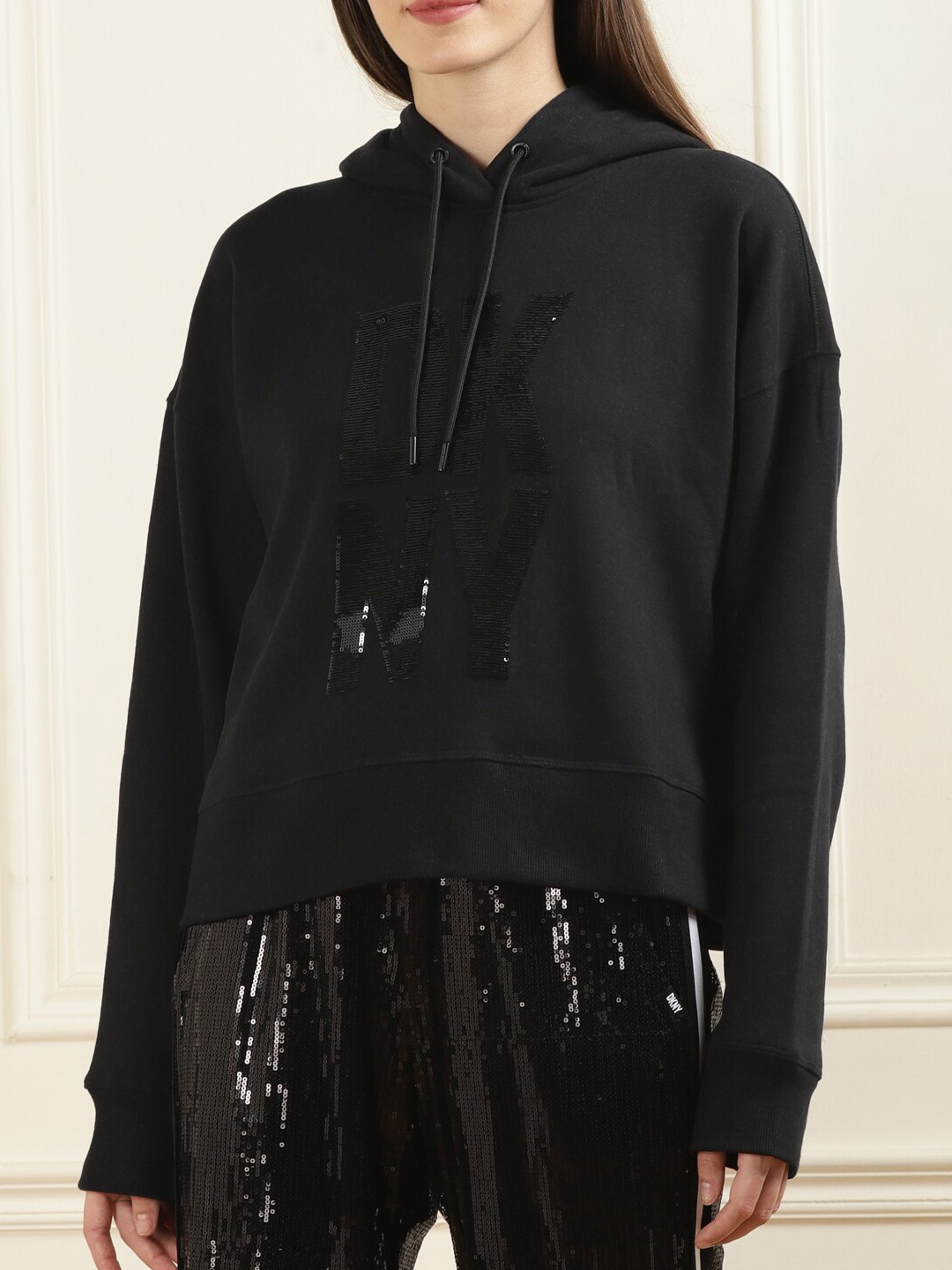 

DKNY Sequinned Embellished Hooded Pullover Sweatshirt, Black