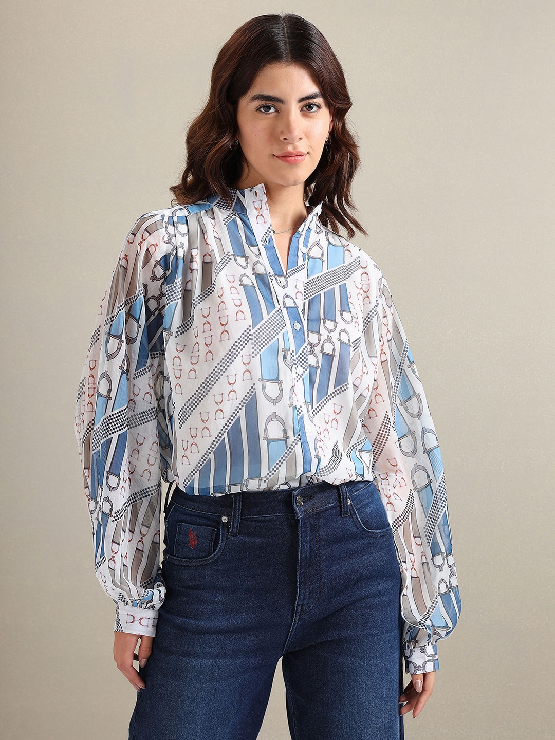 

U.S. Polo Assn. Women Abstract Printed Shirt Style Top, White