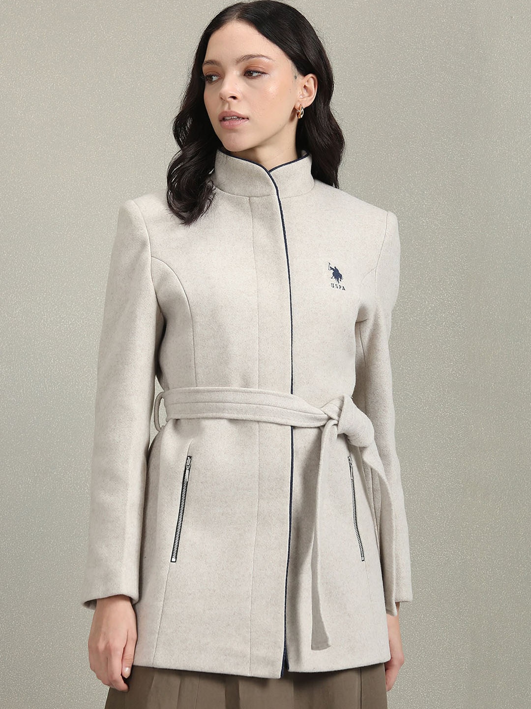 

U.S. Polo Assn. Women Stand Collar Longline Wrap Coats, Beige