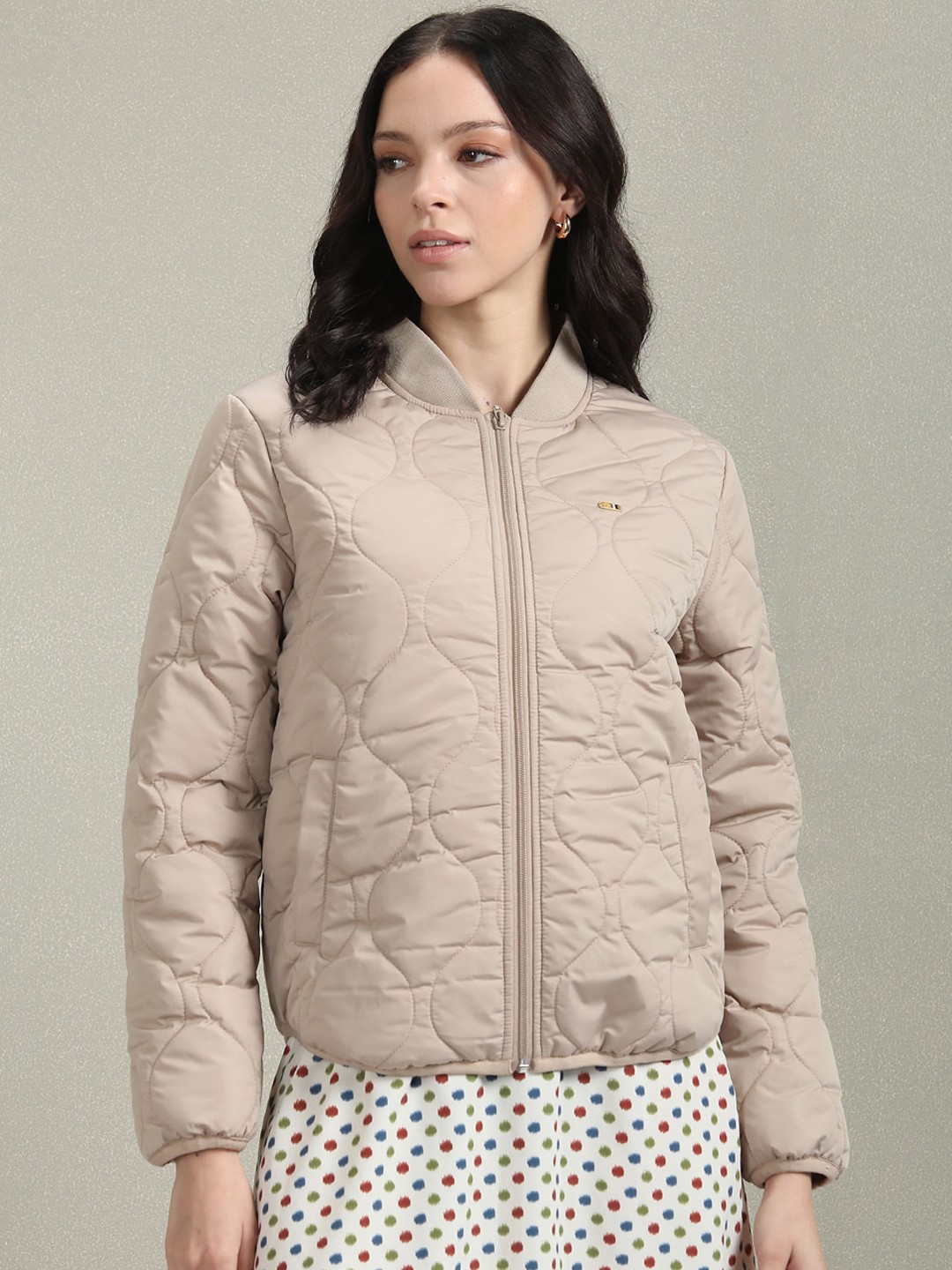 

U.S. Polo Assn. Women Stand Collar Quilted Jacket With Zip Detail, Beige