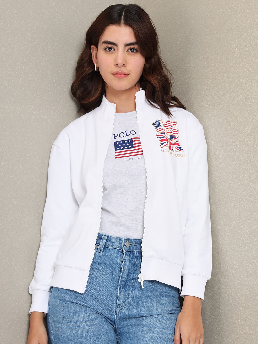 

U.S. Polo Assn. Women Stand Collar Cotton Bomber Jacket with Patchwork, White
