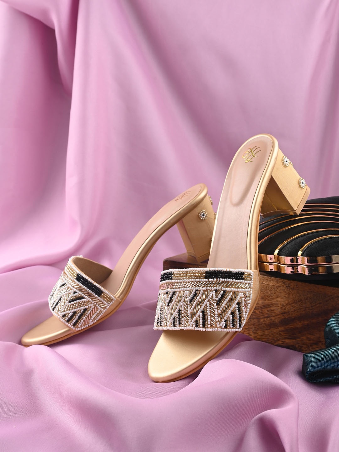 

House of Pataudi Ethnic Embellished Fabric Block Heels, Gold