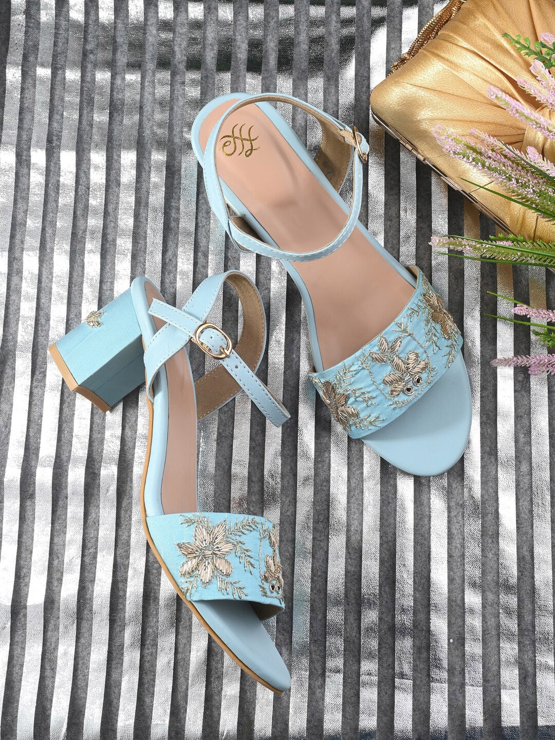

House of Pataudi Embellished Mesh Block Heels With Backstrap, Blue