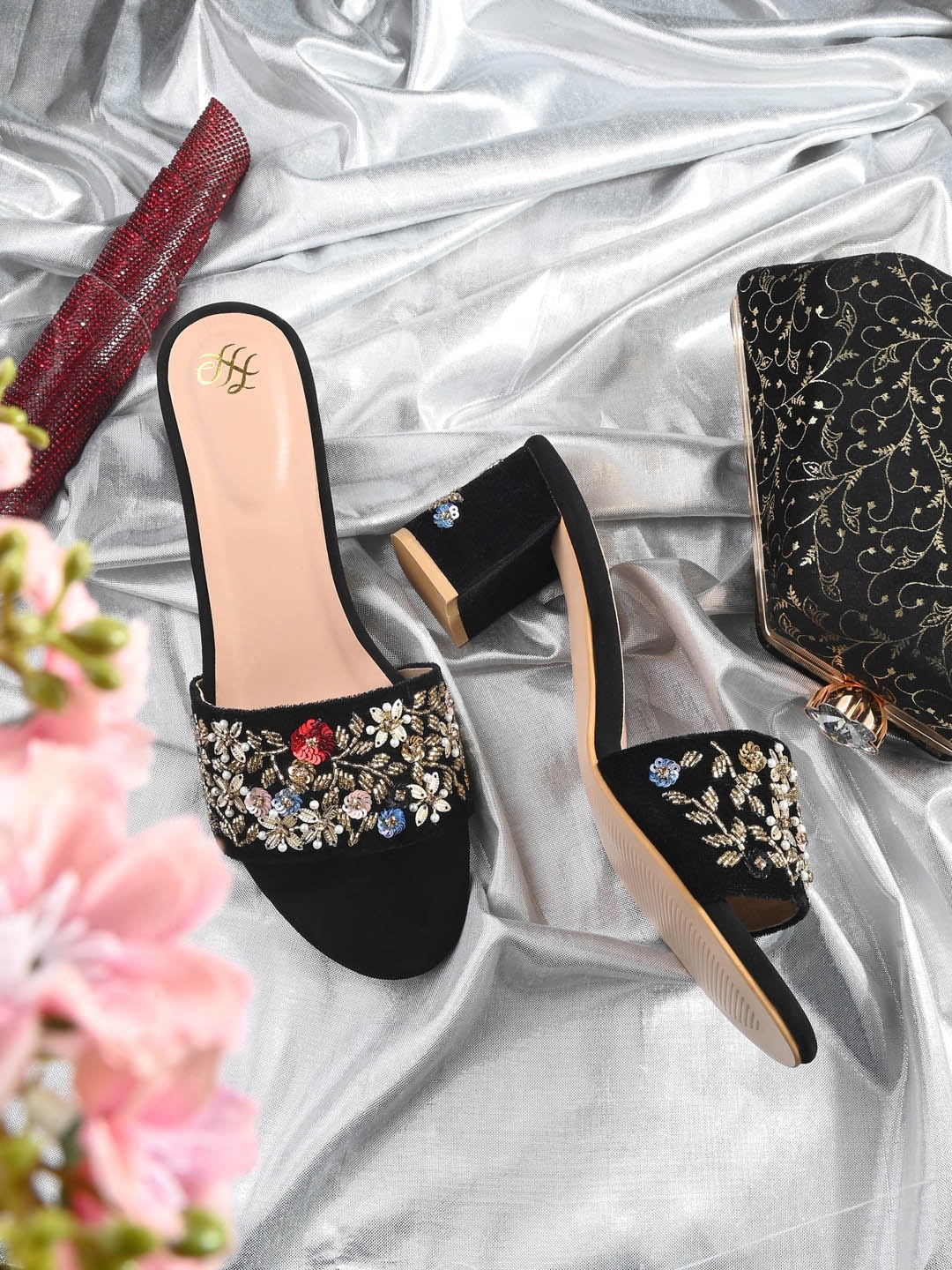 

House of Pataudi Ethnic Embellished Open Toe Block Heels, Black