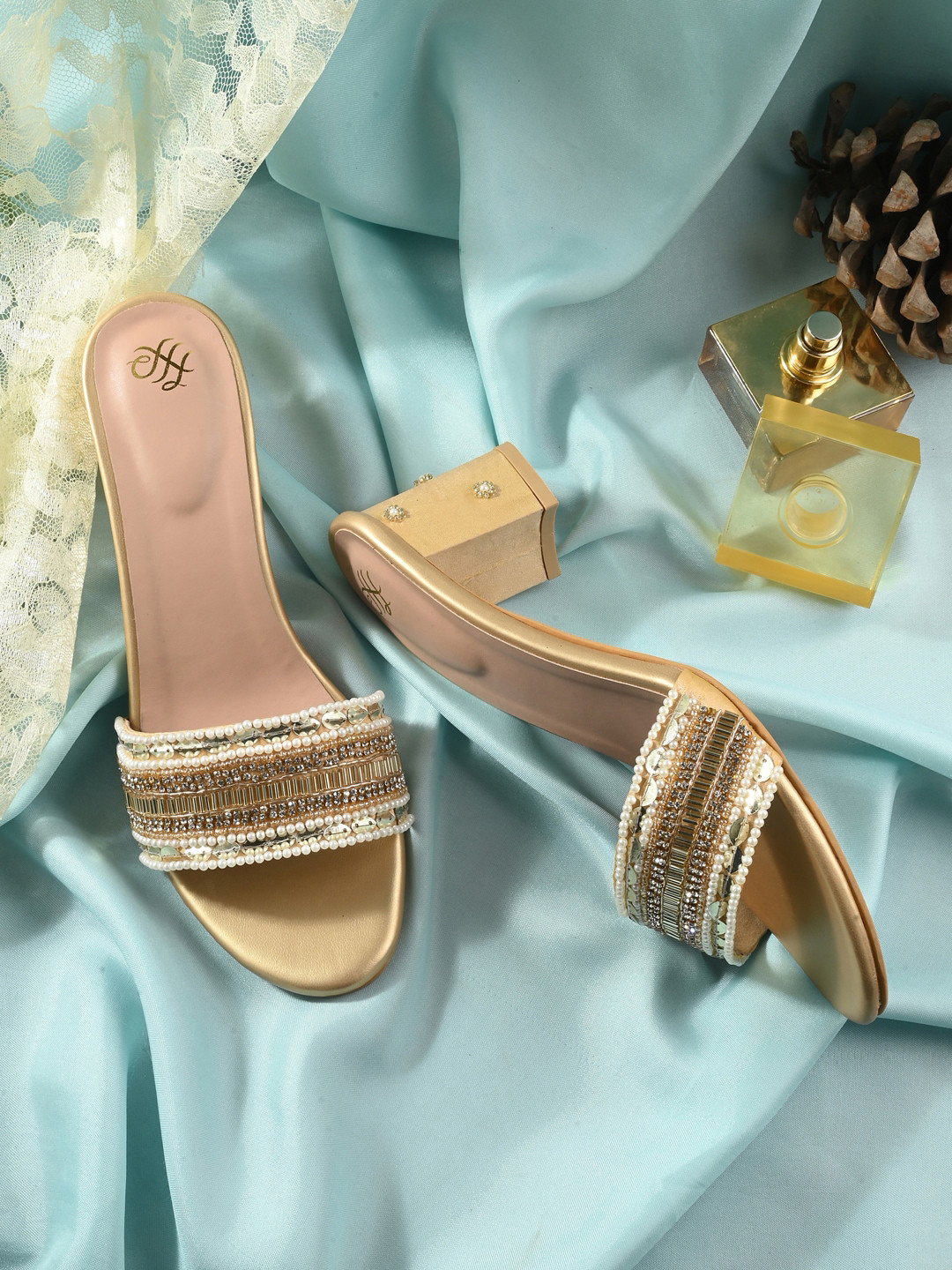 

House of Pataudi Embellished Mesh Ethnic Block Heels, Gold