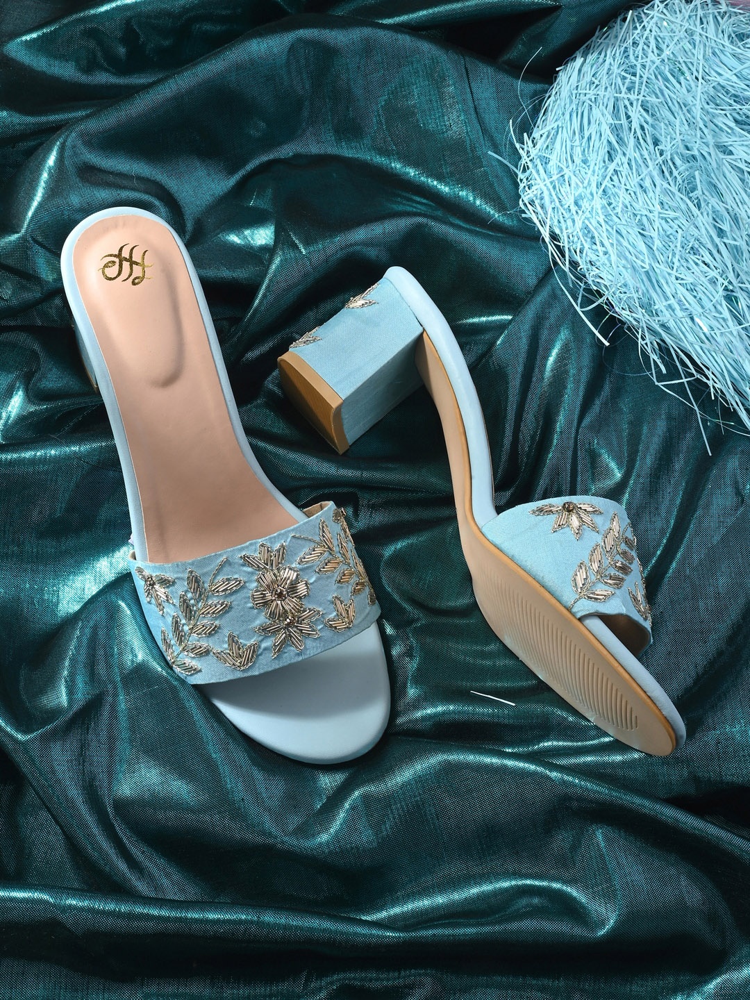 

House of Pataudi Embellished Mesh Ethnic Block Heels, Blue