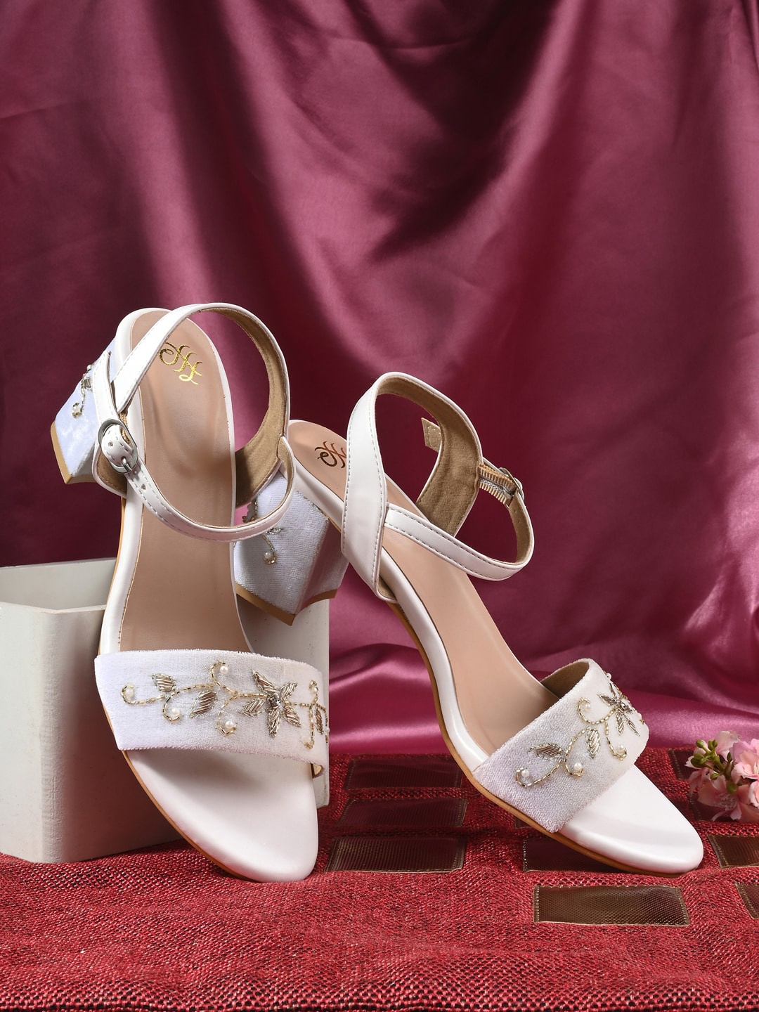 

House of Pataudi Embellished Mesh Block Heels With Backstrap, White