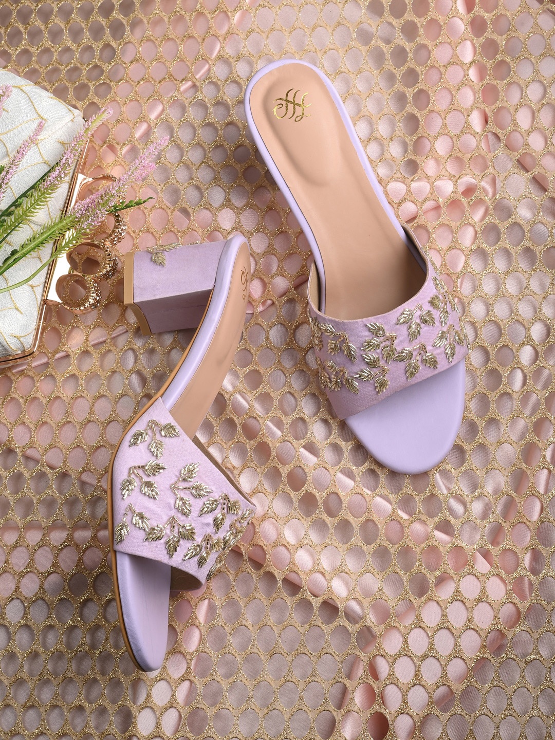 

House of Pataudi Embellished Mesh Block Heels, Lavender