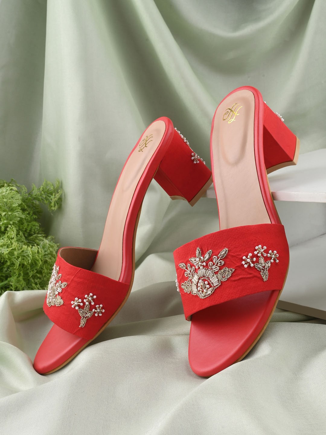 

House of Pataudi Embellished Block Heels, Red